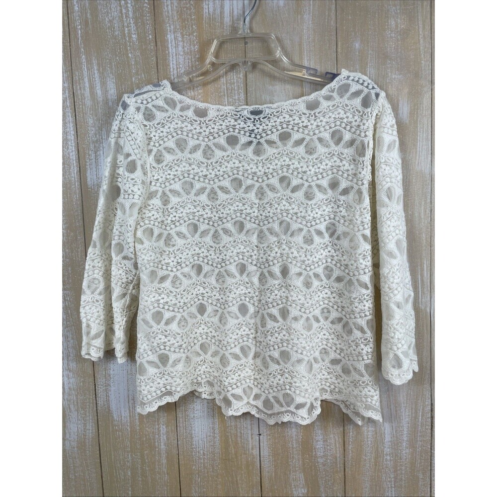 INC Ivory Lace Crochet Sheer Top Women's L 3/4 Sleeve *No Lining - Picture 5 of 7